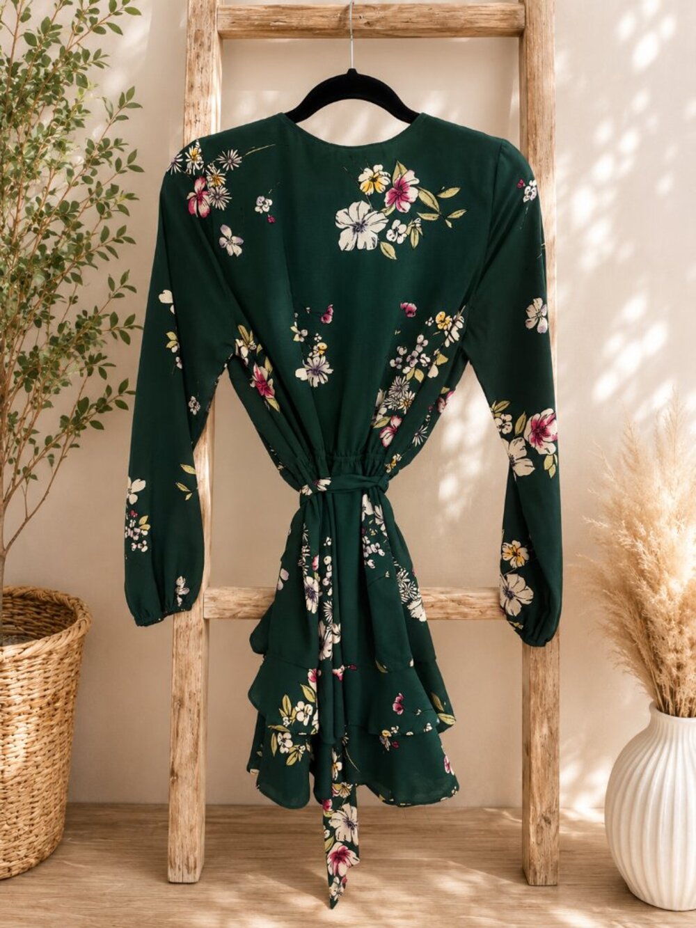 Purple Snow Forest Green Floral Faux Wrap Dress M - Picture 4 of 4